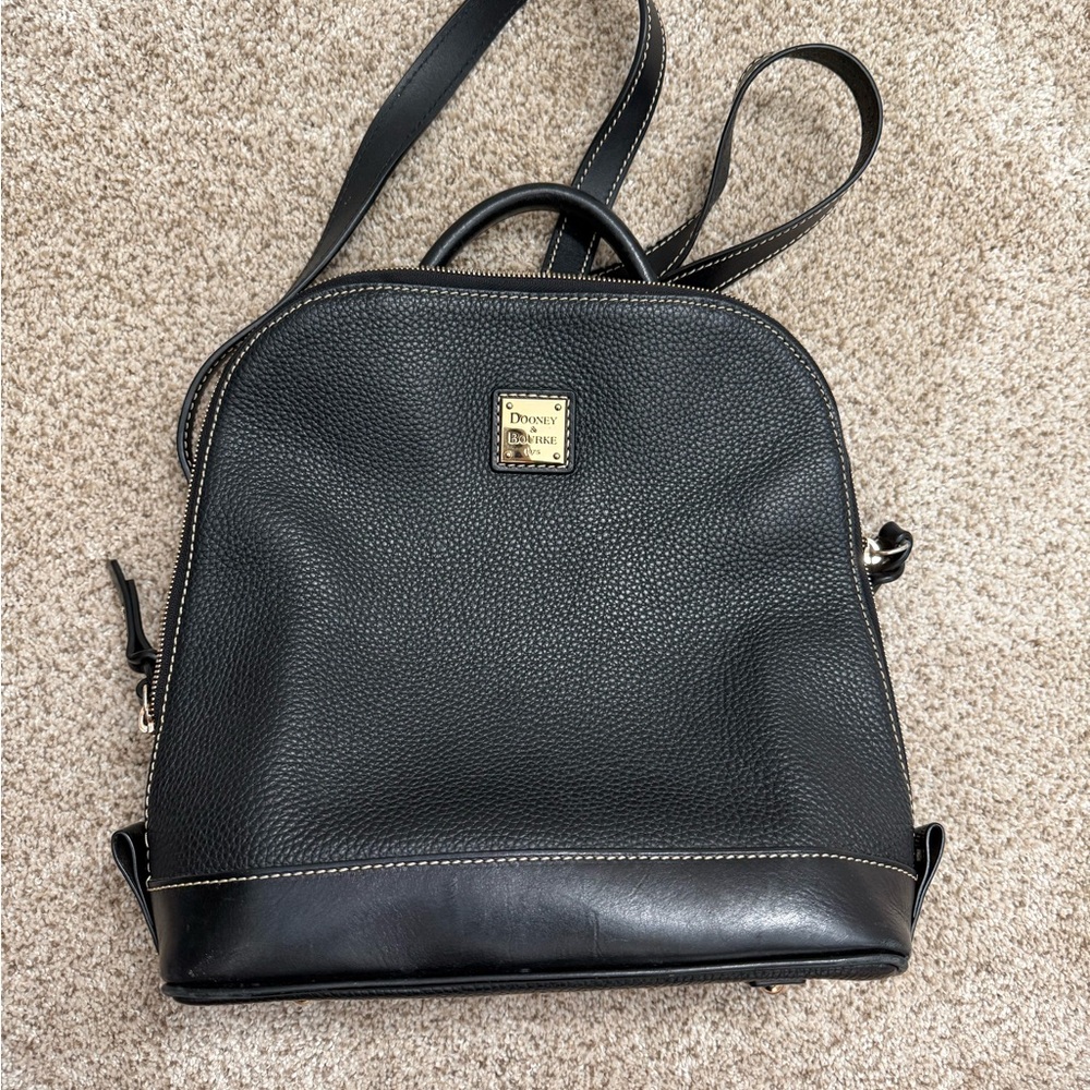 Dooney & Bourke Black Pebbled Leather Backpack with Gold Plaque